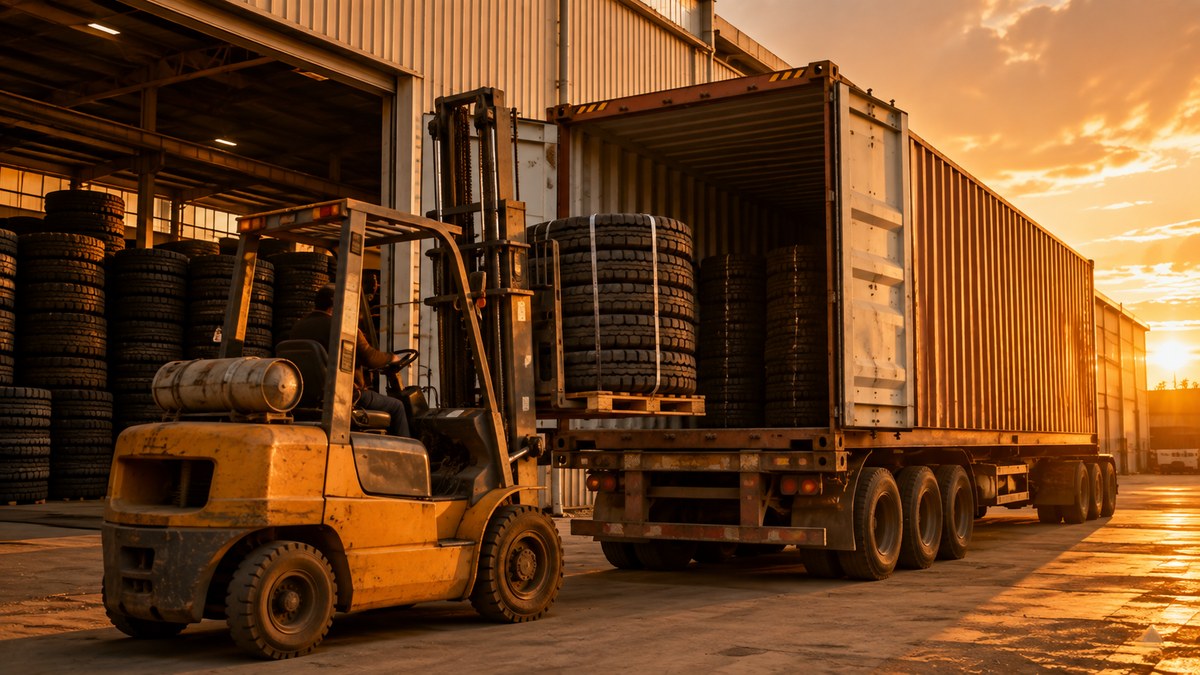 Forklift loading stacks of truck tires into a 40HQ container at the factory warehouse